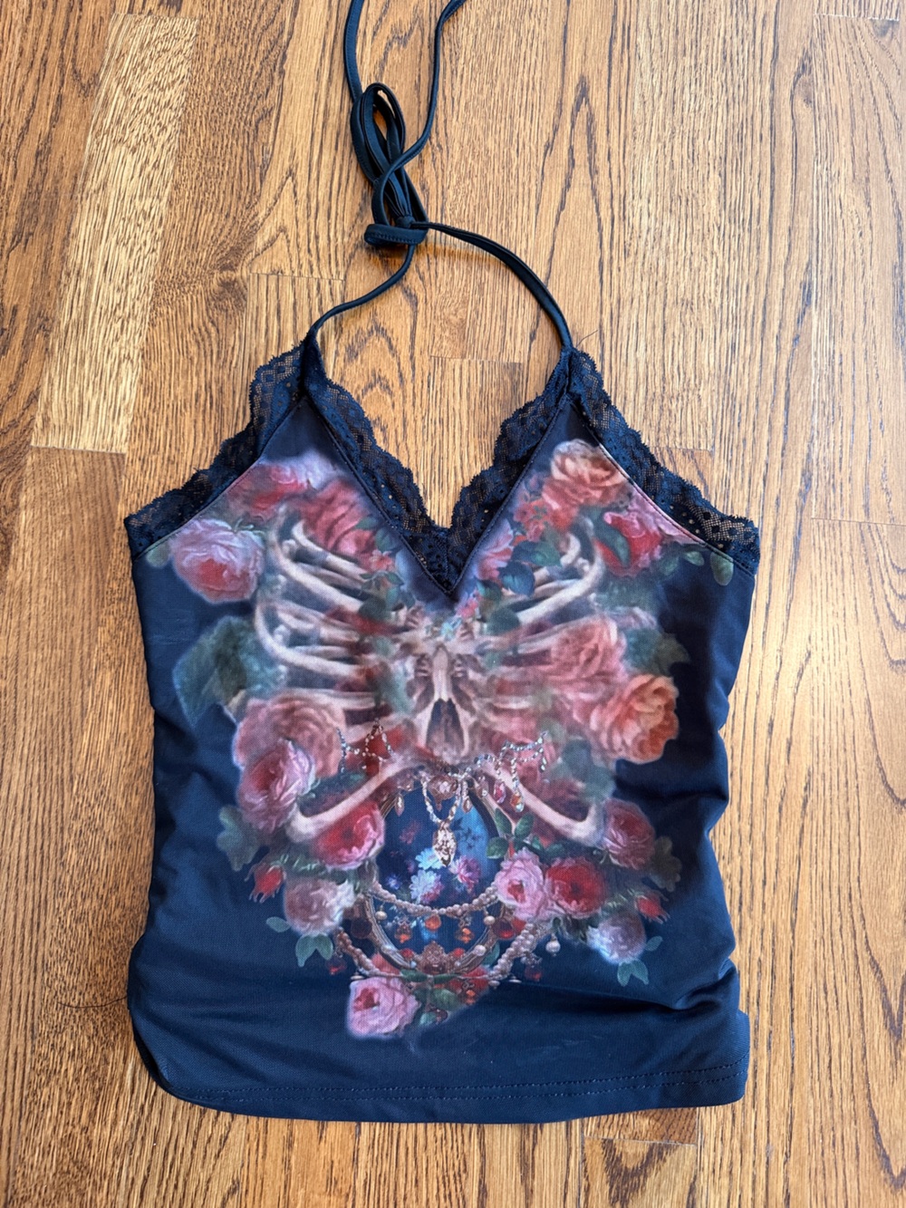 Floral & Skull Lace Trim Satin iCami - Black with Print XS whimsey goth